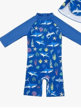 Children's Blue Shark Print Long-Sleeve Rashguard Swimsuit